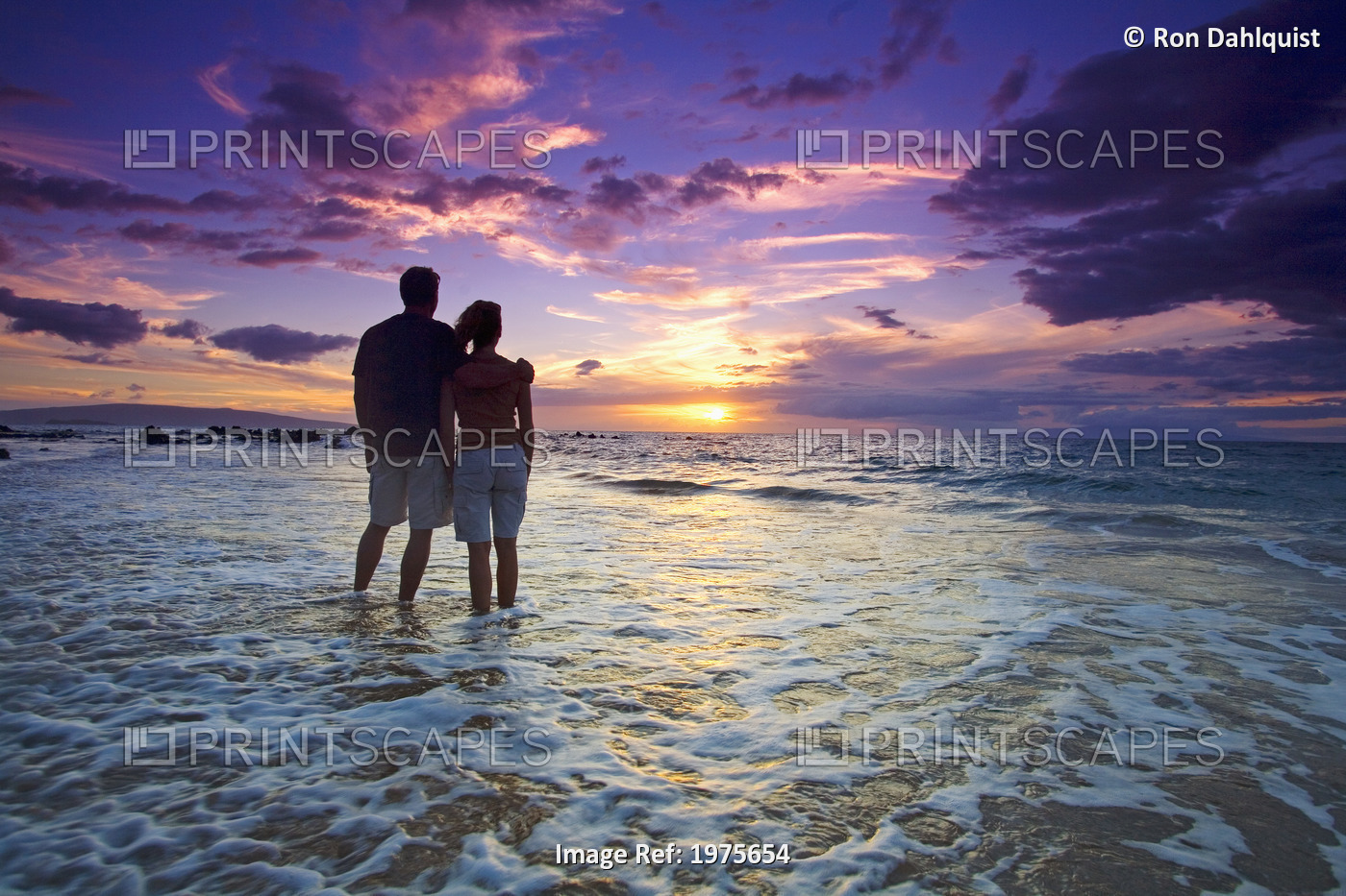 USA, Hawaii Islands, Maui, Mokapu Beach; Wailea, Couple Watching Sunset While ...