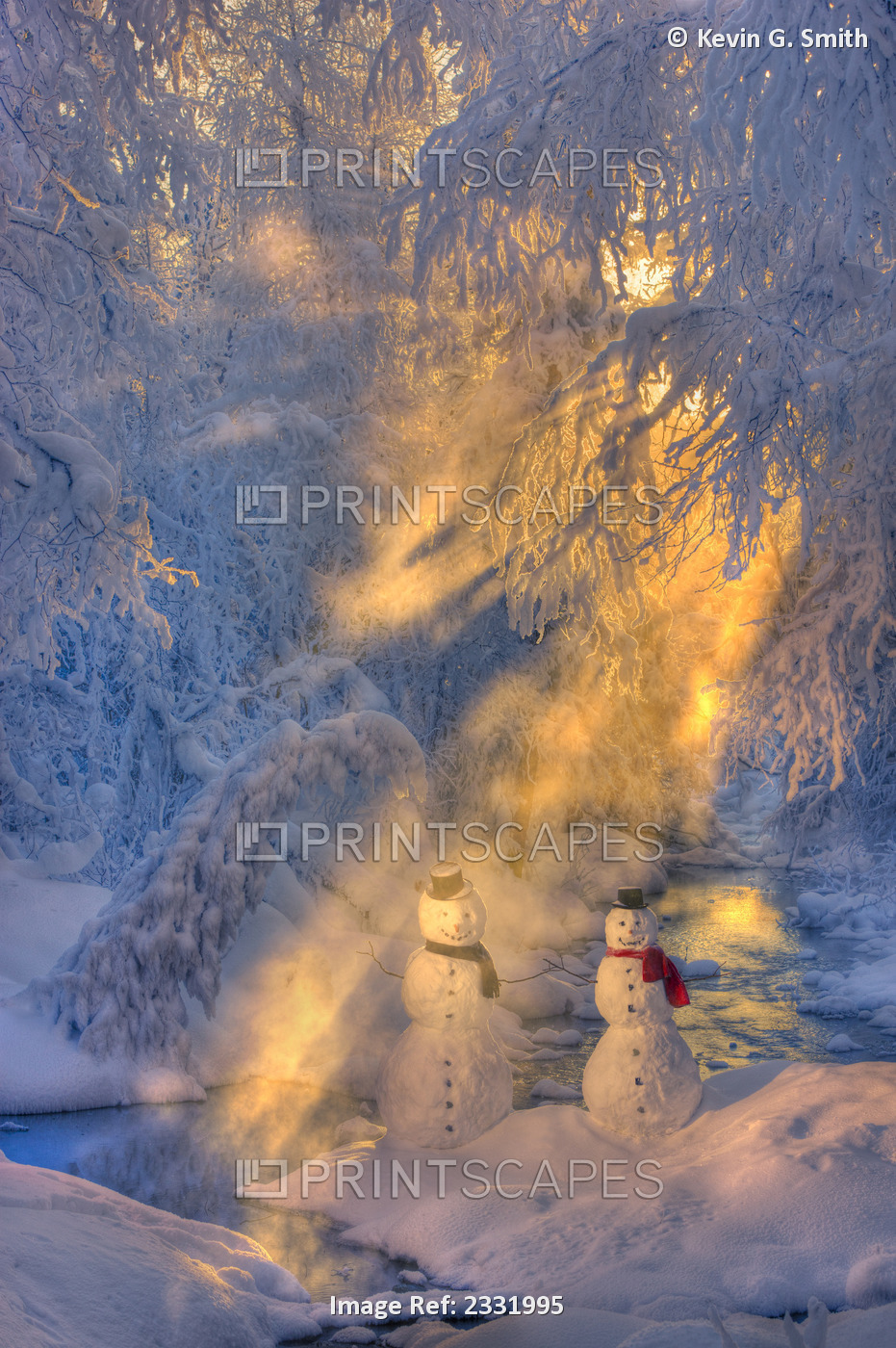 Snowman Couple Standing Next To A Stream With Sunrays Shining Through Fog And ...