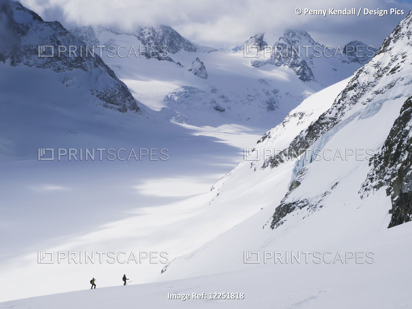 Two Skiers In Big Glacial Landscape, Descending The Eastern Flank Of The Pigne ...