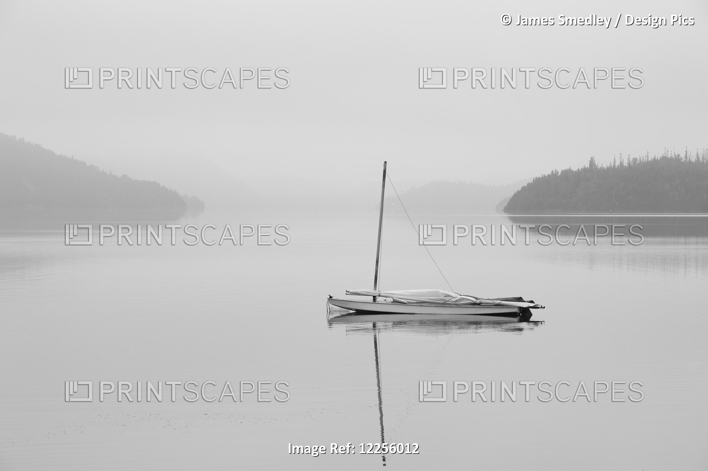 Solitary Sailboat Reflected In A Misty Calm Lake; Ontario, Canada
