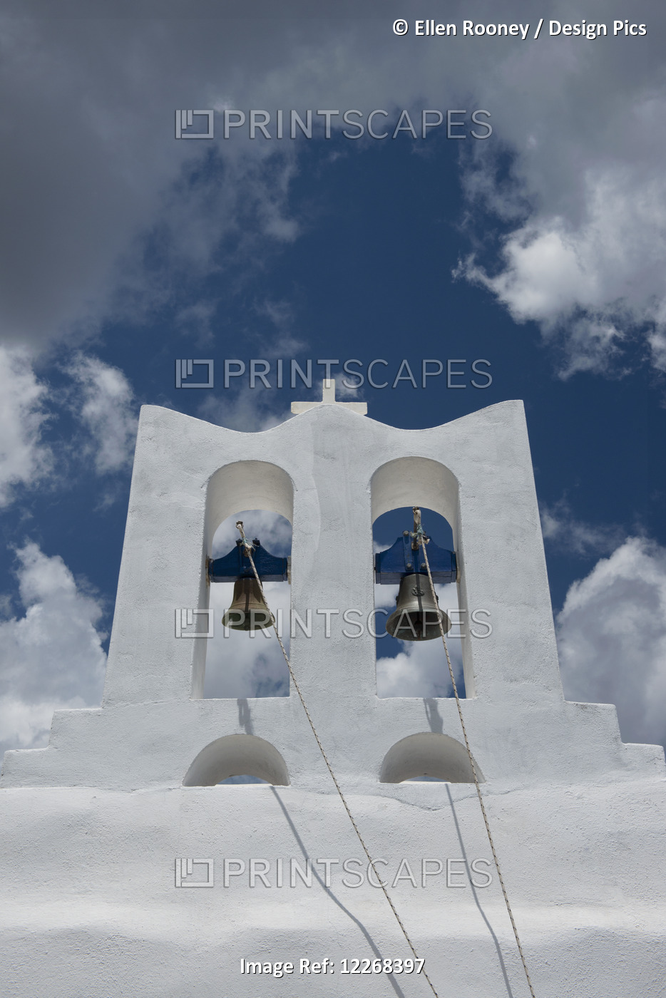A Whitewashed Bell Tower And Dramatic White Clouds; Sifnos, Cyclades, Greek ...