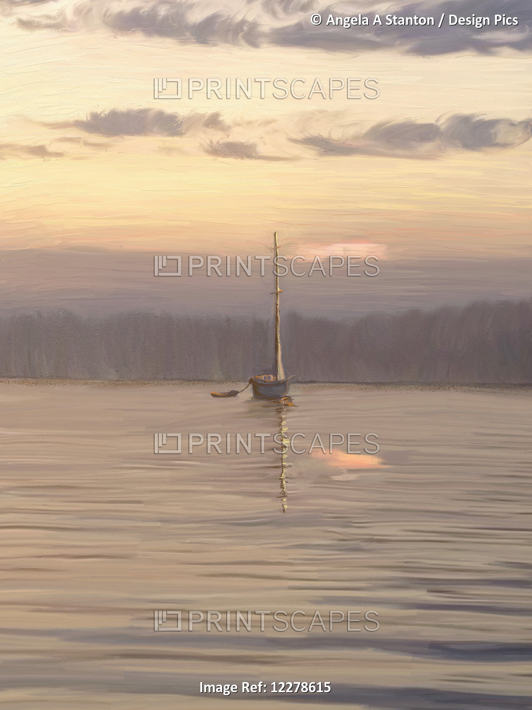 Painting Of A Sailboat On The Tranquil Lake Water At Dawn
