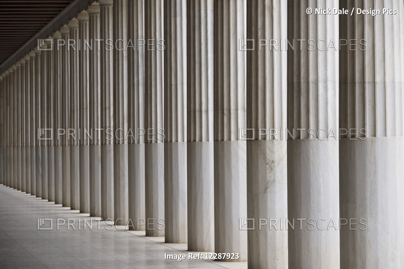 Stoa Of Attalos Marble Ceiling And Colonnade; Athens, Attica, Greece
