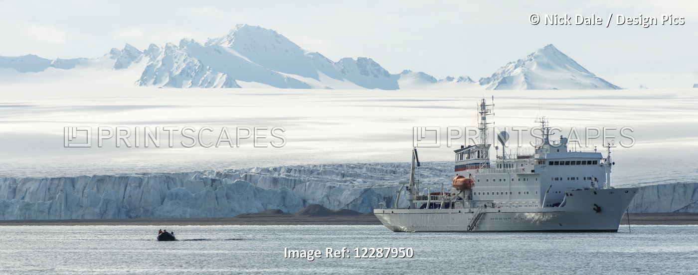 Panorama Of A Rigid Inflatable And White Ship In Front Of An Ice Cliff At The ...