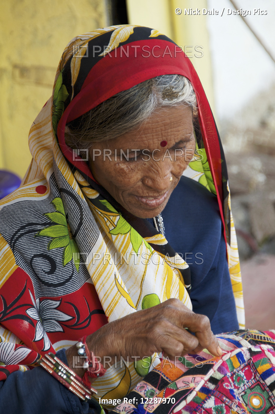 Woman Sewing Sari; Dharpatha Mal, Madhya Pradesh, India
