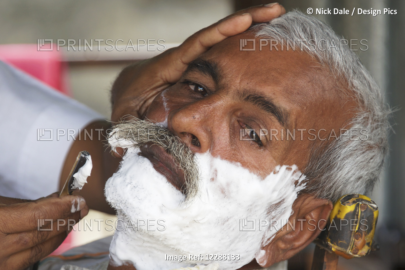 Face Of Indian Man Being Shaved; Dharpatha Mal, Madhya Pradesh, India