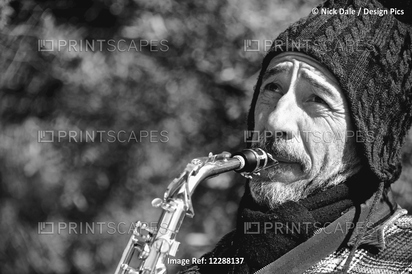Mono Close Up Of Bearded Saxophonist In Hat; Athens, Attica, Greece