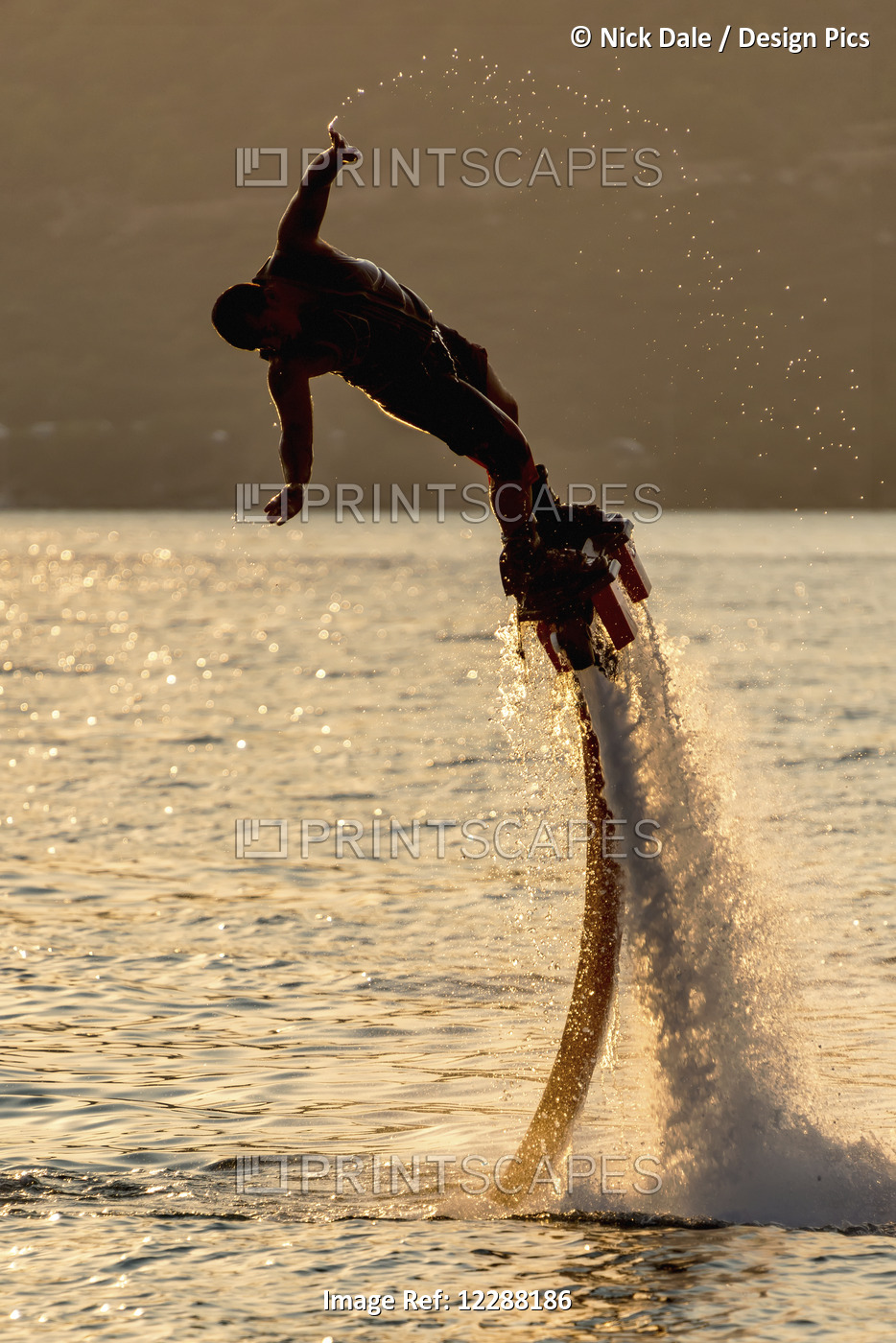 Flyboarder In Silhouette Leans Into Dive, Trailing Water Droplets From His ...