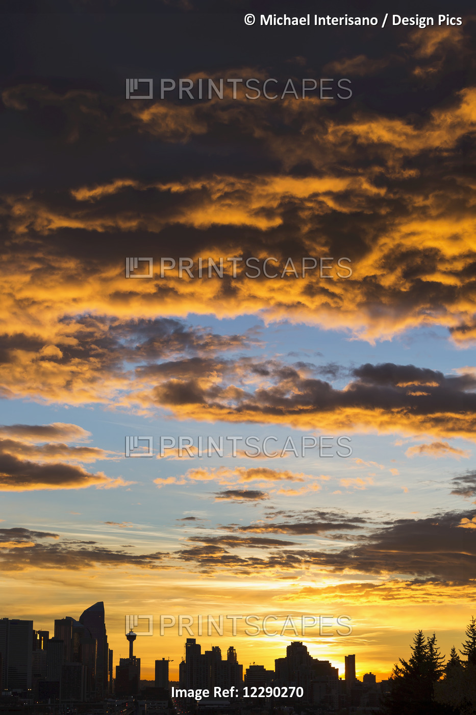 Dramatic Colorful Clouds At Sunrise With Cityscape And Tree Silhouette; ...