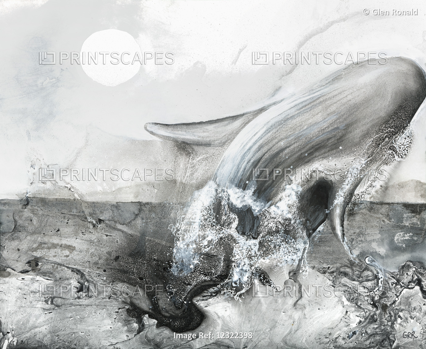 Black And White Illustration Of A Whale Leaping From The Surface Of The Water