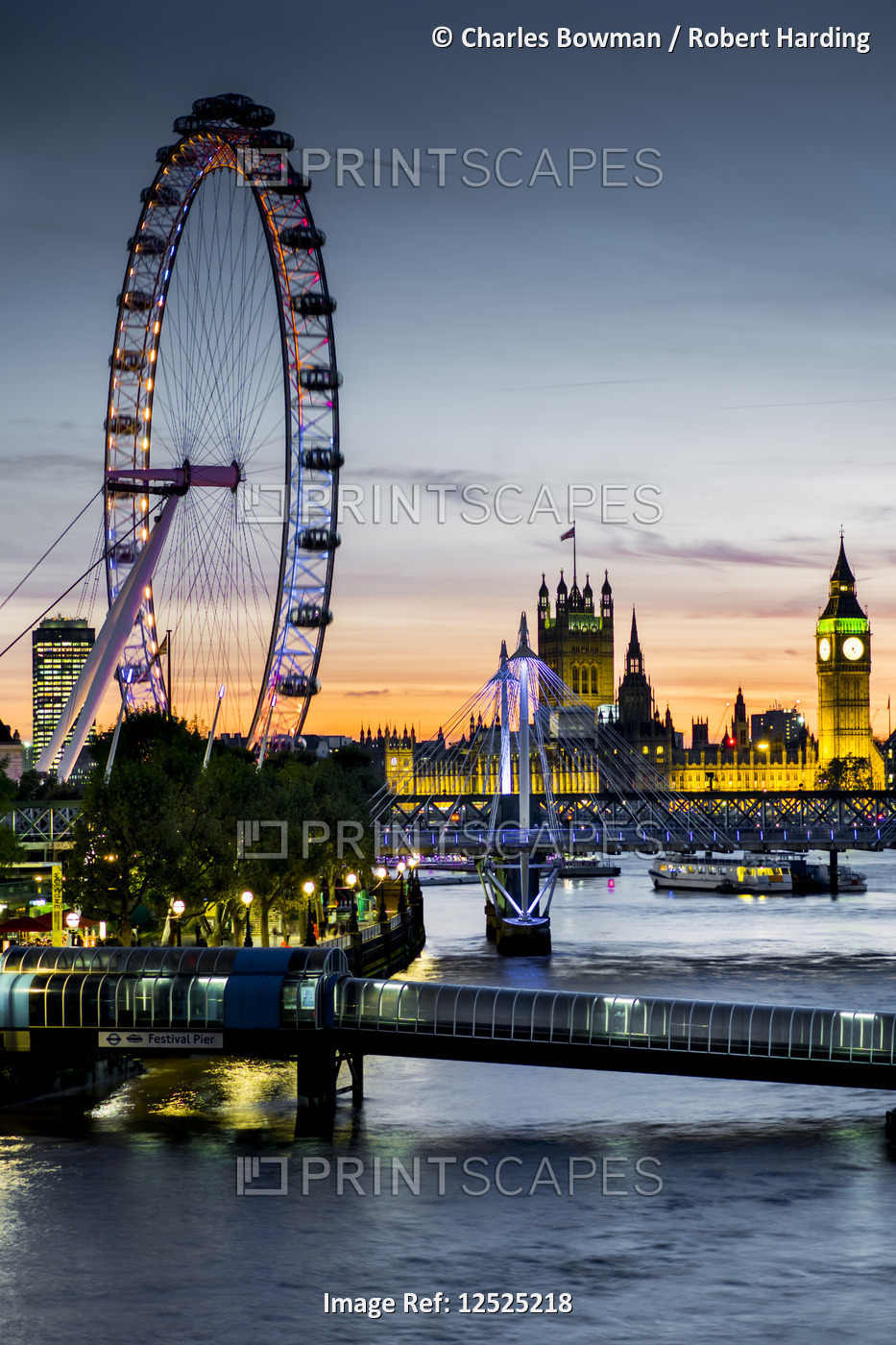 Millennium Wheel (London Eye), River Thames and Big Ben skyline at twilight, London, England, United