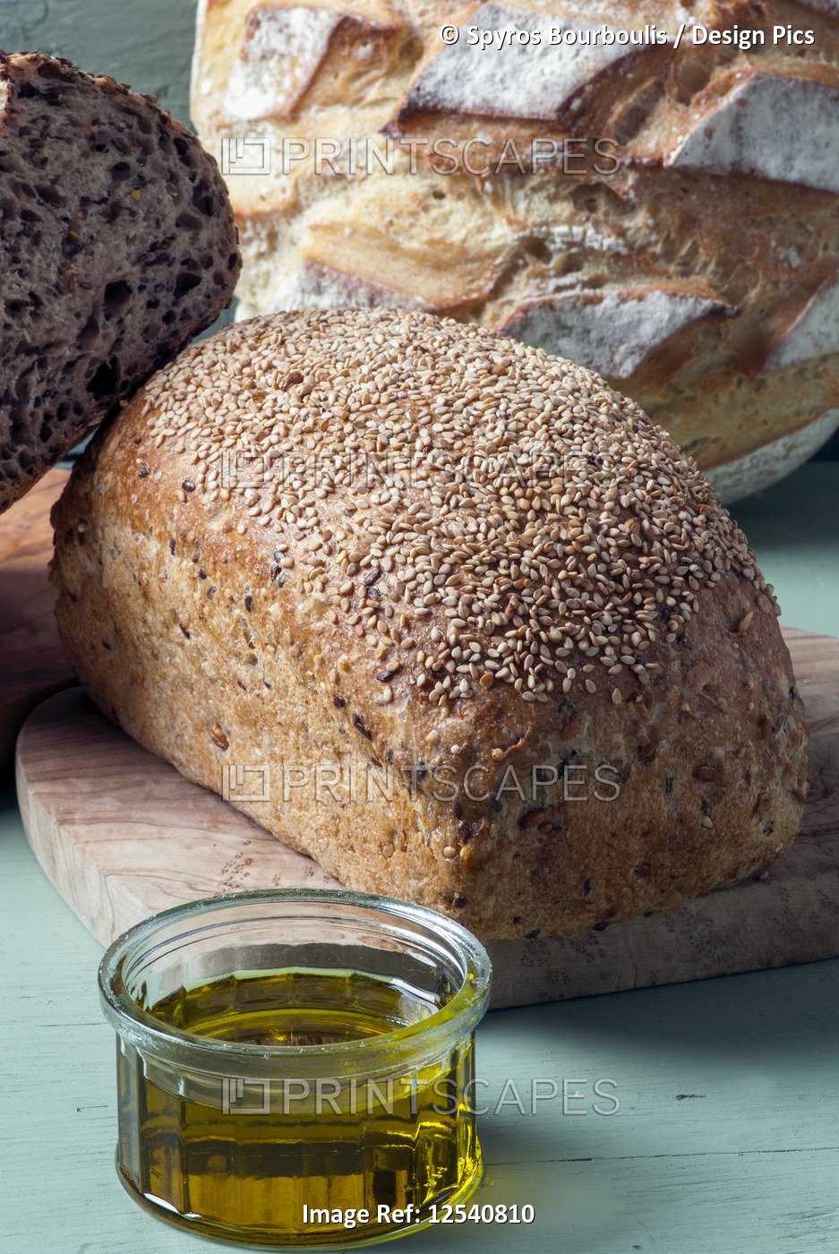 Several organic multi-grain bread loafs with olive oil; Montreal, Quebec, Canada