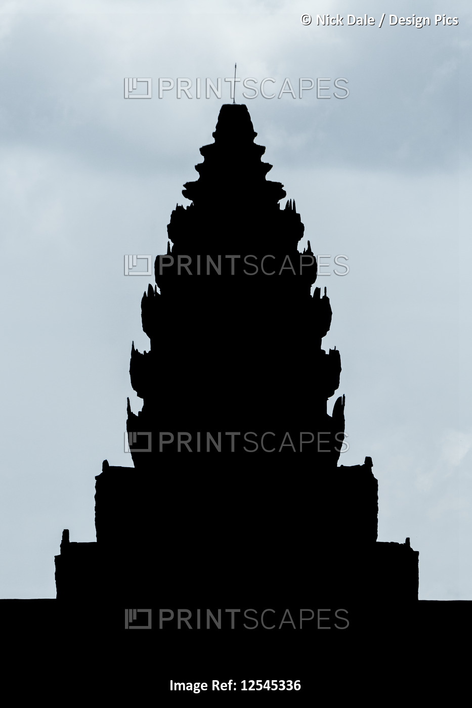 Silhouette of stone tower at Angkor Wat; Siem Reap, Siem Reap Province, Cambodia