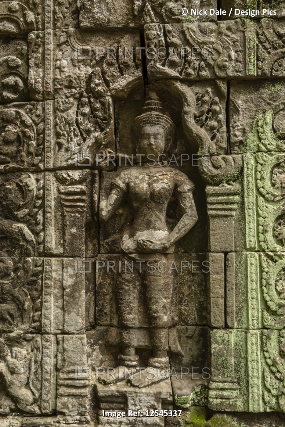 Sculpture in stone wall of ruined temple, Ta Prohm, Angkor Wat; Siem Reap, Siem ...