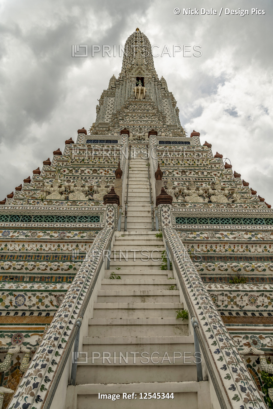 Steps up tower at Temple of Dawn, Wat Arun; Bangkok, Thailand