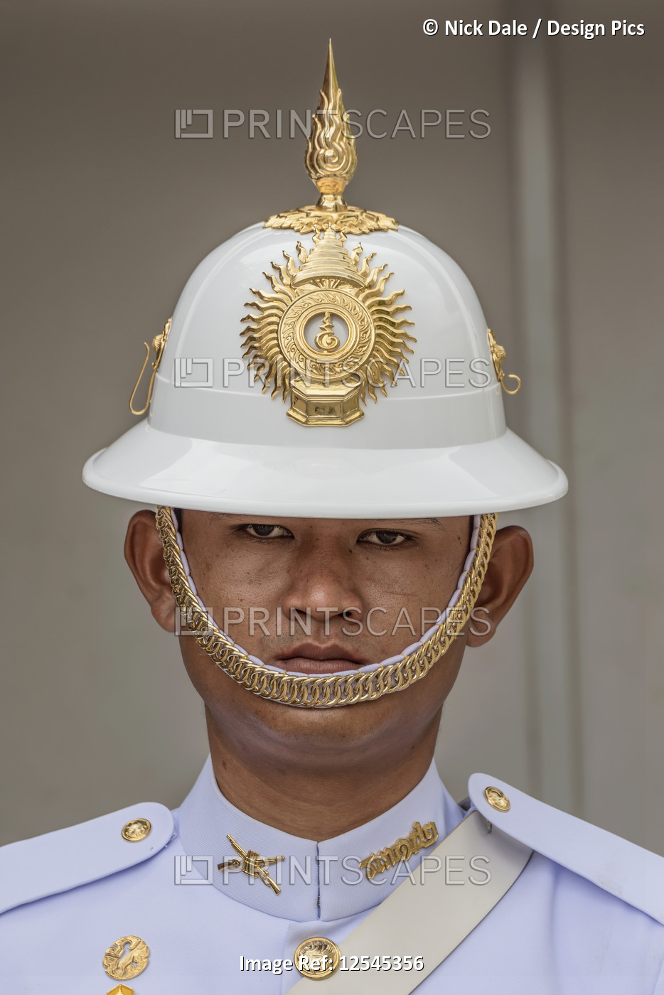 Close-up of helmeted head of royal guard, Grand Palace; Bangkok, Thailand