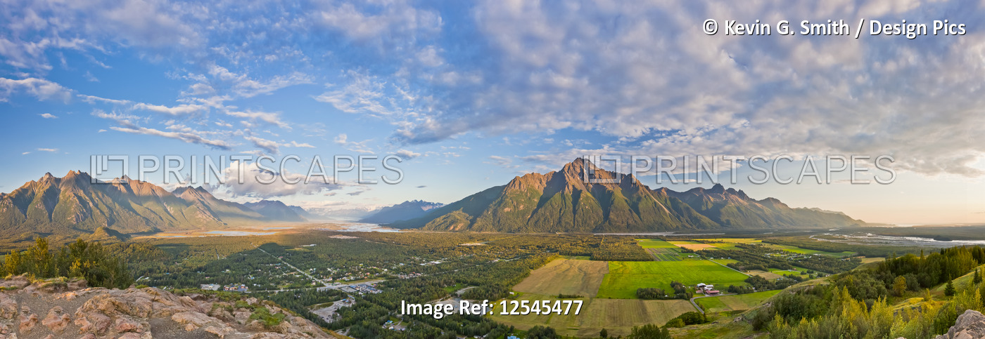 Panoramic view from the top of the Butte of Matanuska Peak, Pioneer Peak and ...