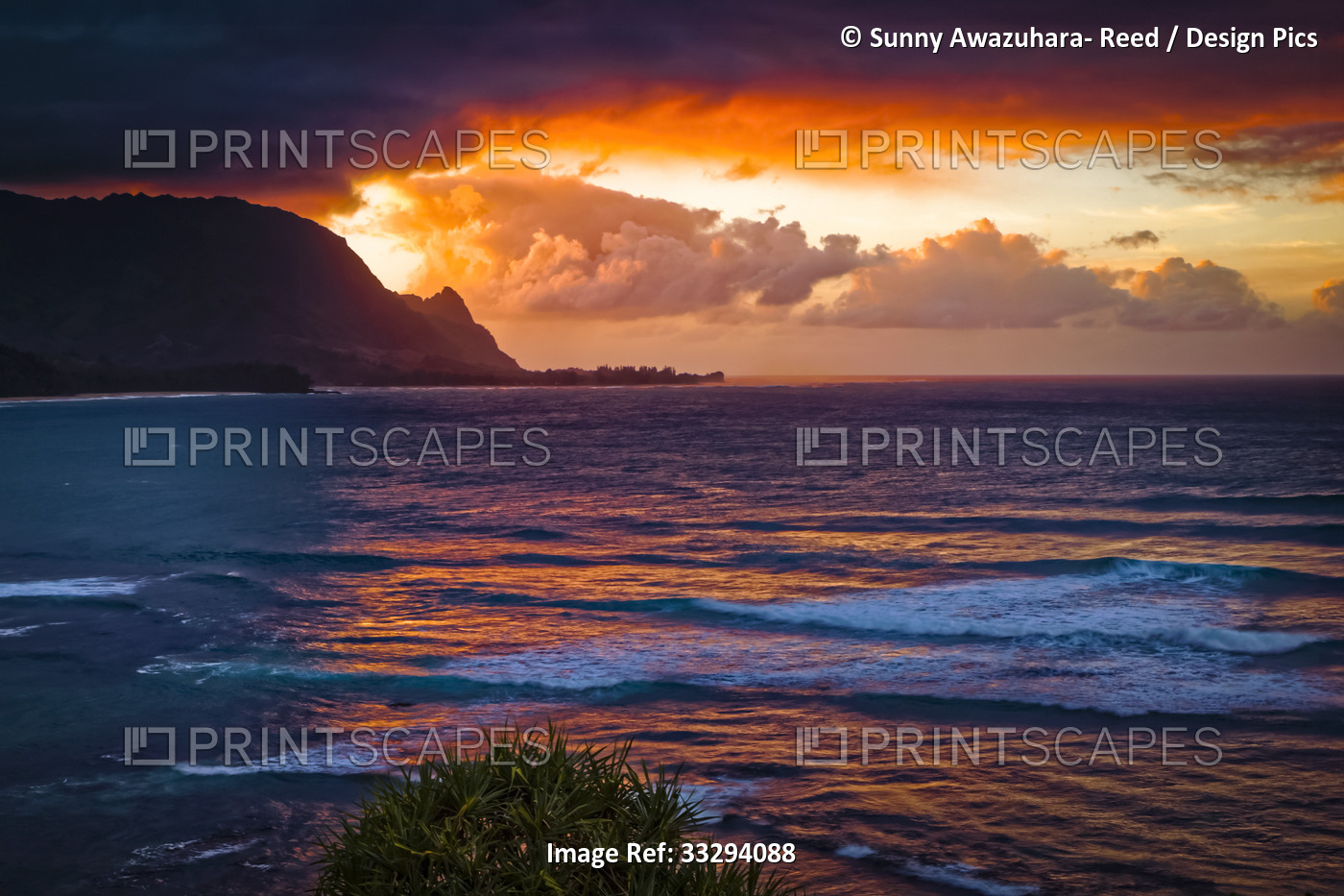 Looking towards the Na Pali Coast from Hanalei Bay at Sunset; Princeville, ...